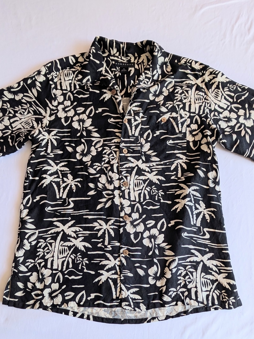 Baracuta Black Silk Camp Collar Hawaiian Shirt with Cream Print Med
